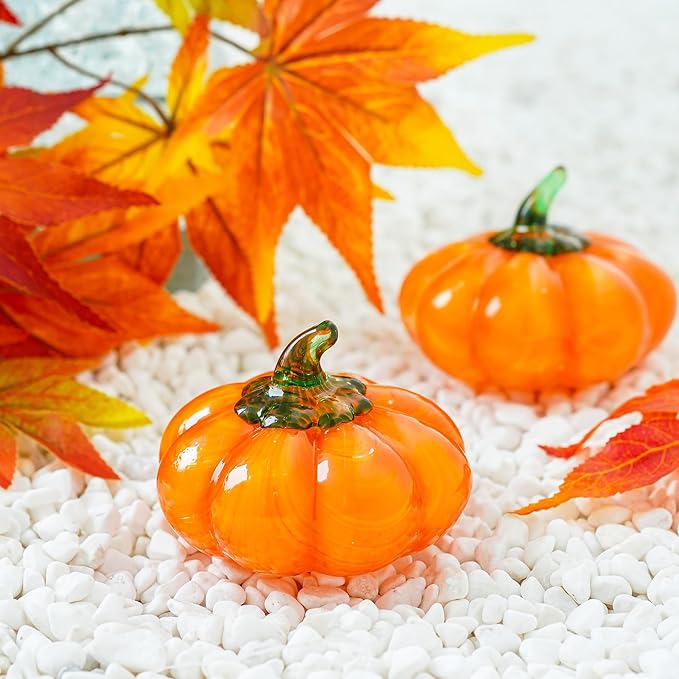 H&D HYALINE & DORA Halloween Glass Pumpkin Collectible Figurine, Blown Glass Pumpkin Fall Decorations for Home Fall Harvest Thanksgiving, Orange Crystal Art Pumpkin Paperweight