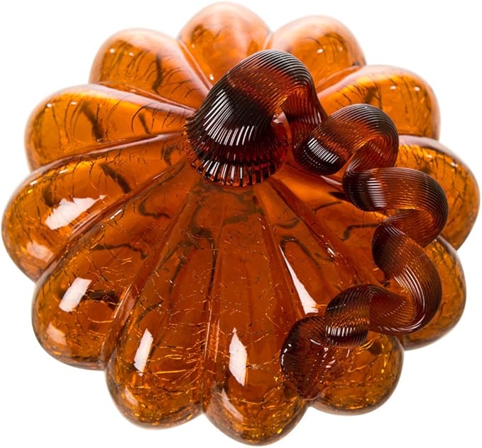 Glitzhome 5.51" H Amber Hand Blown Crackle Glass Pumpkin for Fall Harvest Thanksgiving Halloween Decoration