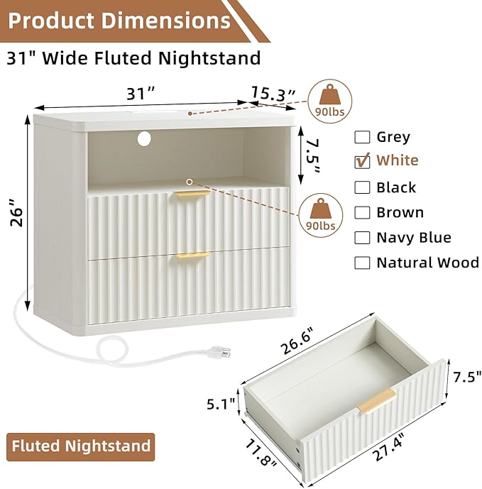 LEYAOYAO 31" Wide Fluted Nightstand Set of 2 with Charging Station, Oversized Extra Large 2 Drawers Night Stand,White Wood Bedside Table,Tall End Tables,Modern Chest of Drawers Dressers for Bedroom