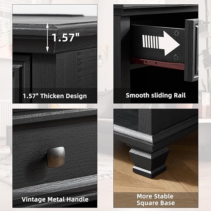 Farmhouse End Tables Living Room with Drawer, Rustic Wood Nightstand with Charging Station, Bedside Table with Open Shelf for Bed Room, Living Room, Black