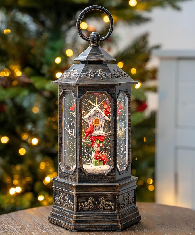 Musical Snow Globe Lantern Lighted Cardinal & Birdhouse Christmas Snow Water Lantern Swirling Glittering Home Decoration and Gift, Battery Operated or USB Powered