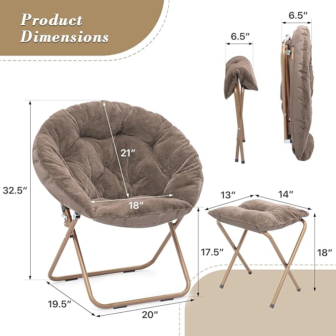 Athena Collection Saucer Chair with Ottoman Comfy Chair for Bed Room Living Room Folding Round Cozy Chair Faux Fur Metal Frame Foldable Lazy Chair Accent Chair Reading Chair, Brown