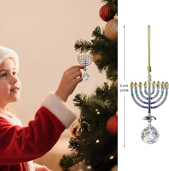 6 PCS Hanukkah Menorah Hanging Ornaments, Crystal Suncatchers for Christmas Tree, Halloween & Hanukkah Decorations, Window Suncatchers & Gift