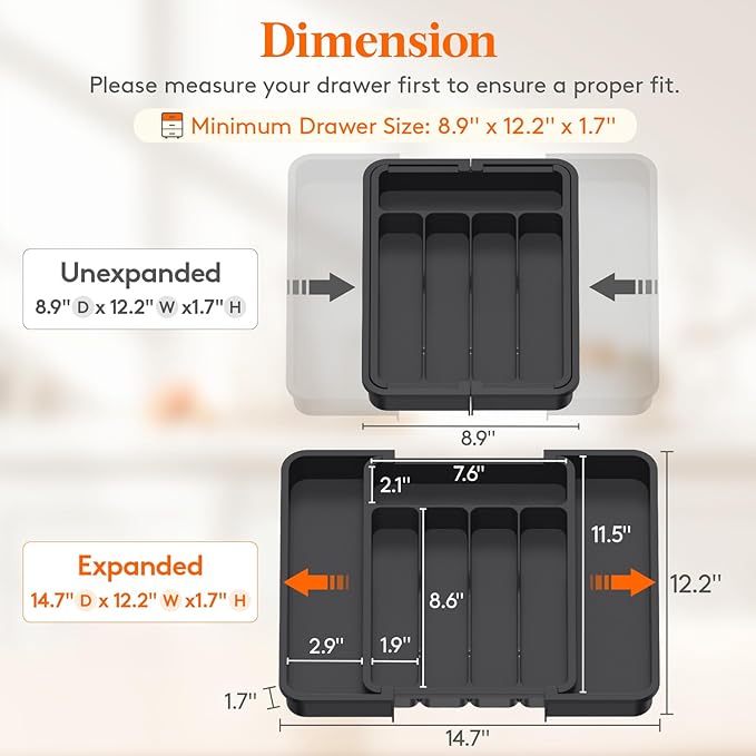Lifewit Silverware Drawer Organizer, Expandable BPA Free Utensil Tray for Kitchen, Adjustable Flatware and Cutlery Holder for Spoons Forks Knives, Plastic Kitchen Organizers and Storage, Black