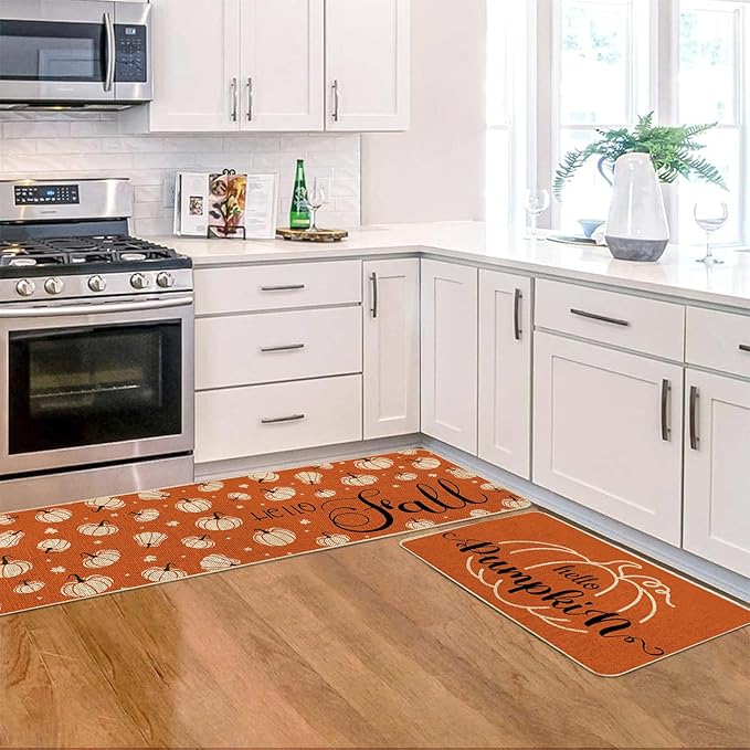 VAKADO Fall Kitchen Orange Pumpkin Mats Rugs Set of 2,for Decor Decorative Home Thanksgiving Pottery Barn Floor Door Bathroom Stain Fade Resistant Non-Slip Rubber Backing Rug(17x29 Inch,17x47 Inch)