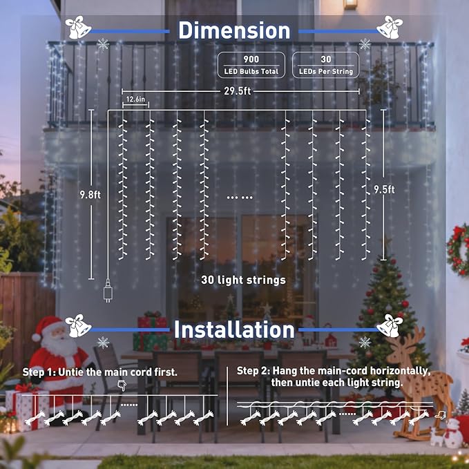 JMEXSUSS 900LED Christmas Curtain Lights Outdoor with Remote, 9.5x29.5ft White Christmas Lights Indoor Plug in, Hanging String Lights for Bedroom Wedding Backdrop Wall Window Xmas Decoration