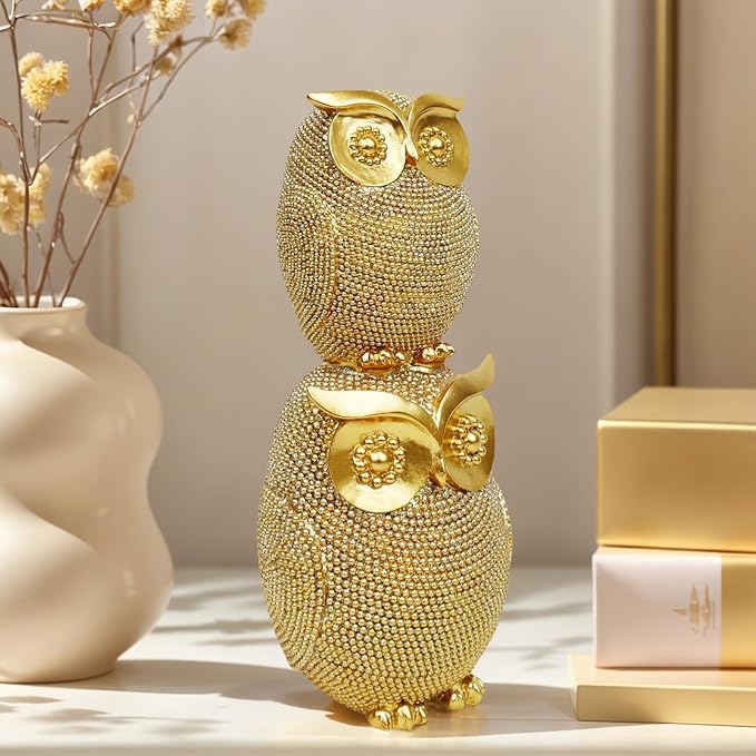 Stack Owl Statue for Home Decor, Elegant Resin Owl Figurine Collection, Unique Gift for Housewarming/Office/Christmas (9.3", Gold Glitter)