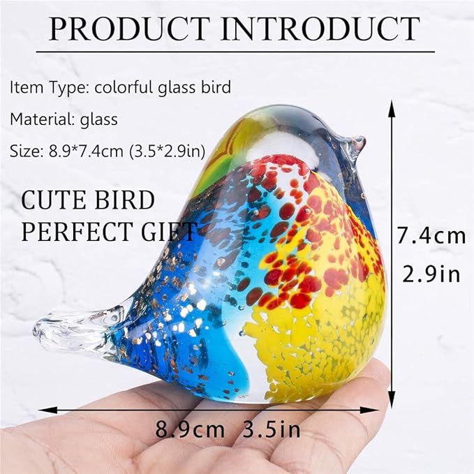 QFkris Art Glass Bird Figurine Handmade Blown Glass Crystal Paper Weight Christmas Birthday Gift Home Table Ornament Decor (N004)