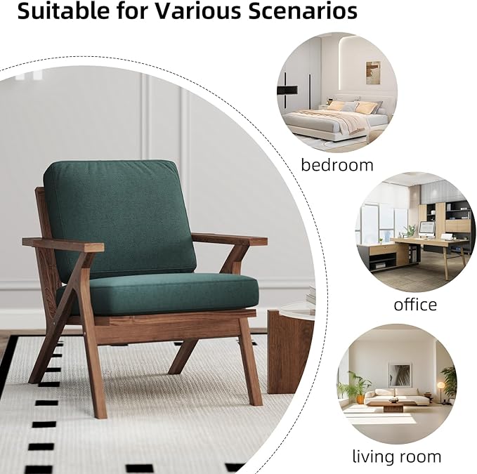 INZOY Mid-Century Modern Accent Chair with Wood Frame, Fabric Living Room Chair and Soft Thick Padded Armchair for Living Room Bedroom Reception with Removable Upholstered Cushions, Dark Green