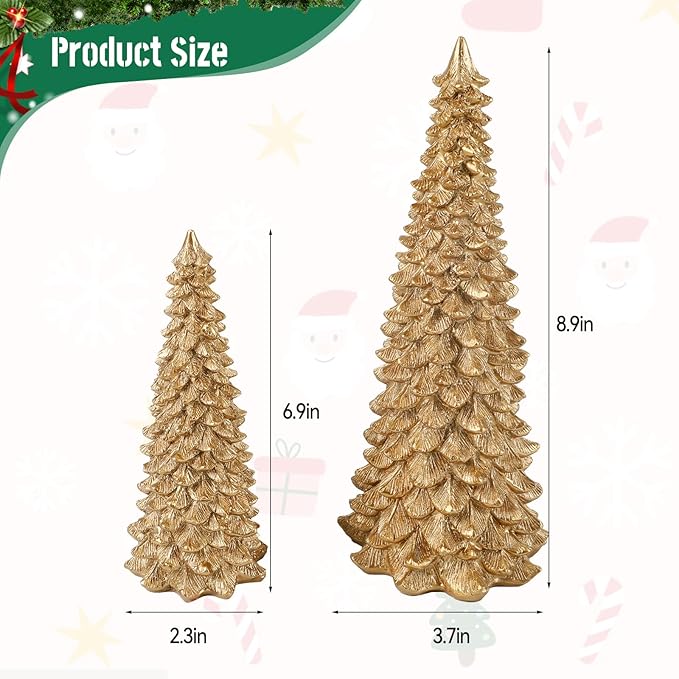 2Pcs Christmas Tree Decoration Figurines, Christmas Tree Statues Glittered Resin Desktop Mini Small Tabletop Ornaments Holiday Fireplace Home Decor Gifts (Glod)