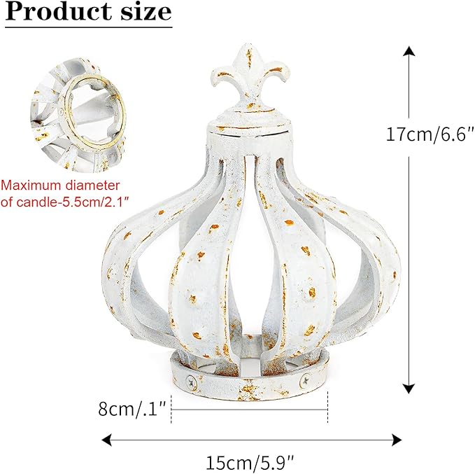 Sungmor Cast Iron Crown Sculpture, Antique White with Rustic Accent, Creative Candle Cover, Centerpiece Art Crown Statue for Tabletop Decor, Bookshelf, Special Occasions