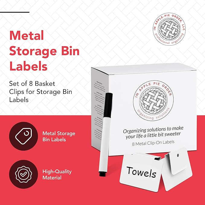 Labels for Storage Bins | Metal Storage Bin Clips (2.5โ x 3.5โ) - Set of 8 Basket Clip On Tags for Storage Bins w/Non-Slip Grip Pads & Dry Erase Marker - Removable Bin Labels for Storage Baskets