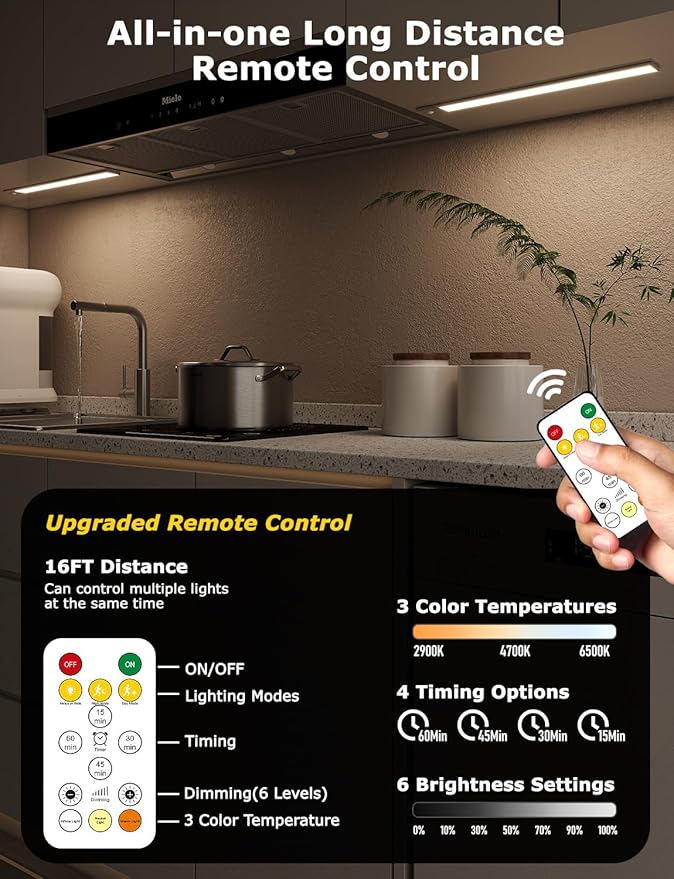 16" Ultra-Thin Under Cabinet Lighting Wireless, Aluminum Alloy Under Counter Lights for Kitchen, 3-Color-Temps Magnetic Closet Lights, Rechargeable Motion Sensor Light Indoor (6 Pack, Silver)