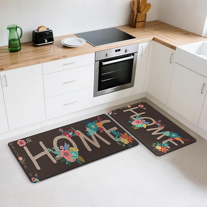 GENIMO Anti Fatigue Kitchen Mats for Floor, Non Slip Washable Home Theme Rugs Sets of 2, Farmhouse Cushioned Waterproof Comfort Runner Rug for Kitchen, Sink, Desk, Laundry, 17"x 47"+17"x 30", Coffee