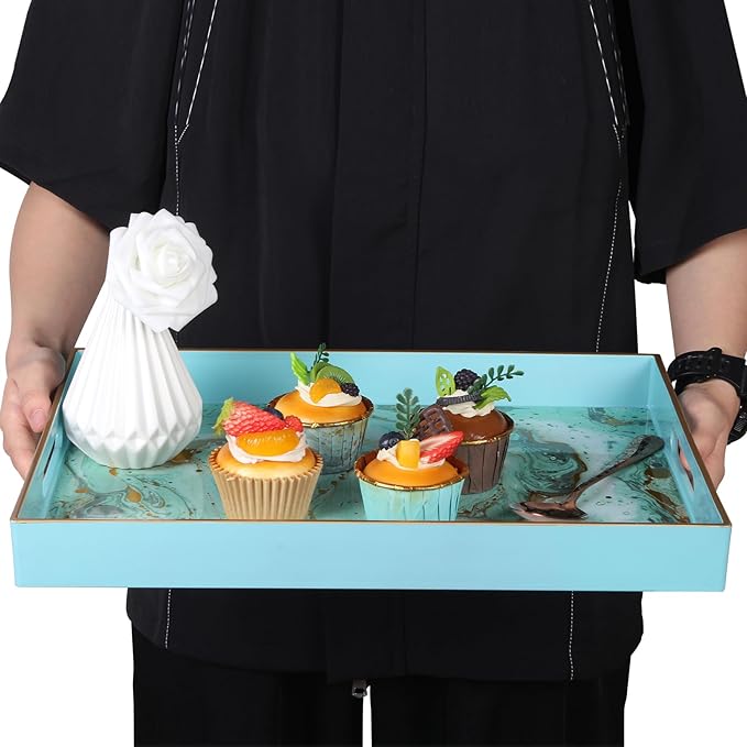 Sturdy Acrylic Serving Tray with Handles-15.7x11.8Inch, Morden Plastic Rectangular Serving Tray for Coffee Table Bathroom, Ottoman, Home Decor (Rectangular - Turquoise)