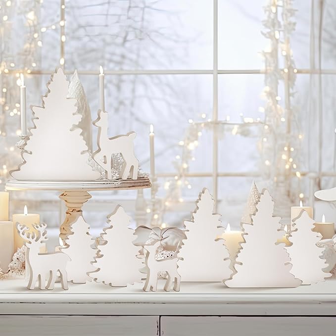 Barydat 9 Pcs Winter Christmas Decorations Indoor Christmas Tree Reindeer Farmhouse Wooden Rustic Centerpieces Decoration for Xmas Winter Home Office Table Shelf Desk Mantel Decor