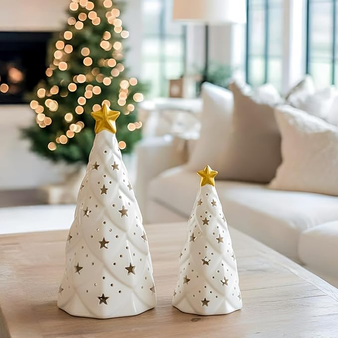 DN Decoration White Ceramic Christmas Tree with Lights, 2Pcs Prelit Tabletop Xmas Decor with Star Cutouts, Battery-Operated LED Trees for Christmas Village, Office, Front Porch Holiday Centerpieces
