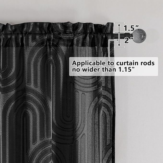 Simplebrand Sheer Black Curtains Kitchen 36 Inch Length 2 Panels Set for Window, Soft Airy Geometric Jacquard Semi Sheer Curtains for Bathroom, Modern Rod Pocket Window Curtains, 42Wx36L Inches