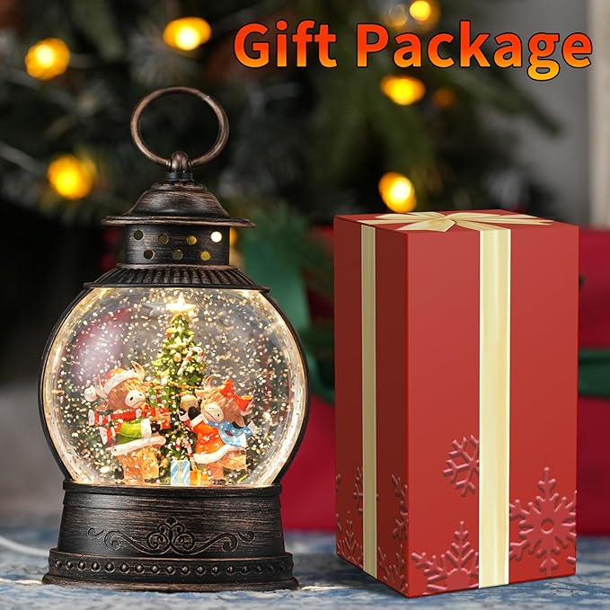 Christmas Snow Globes Lantern, Winter Scene with Yak Christmas Tree, Musical Snowglobe with LED Lights & 6h Timer Swirling Glitter Decortaions Gifts, USB/Battery Powered