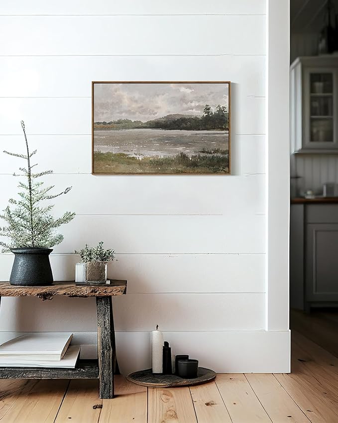 VIYYIEA Vintage Nature Large Framed Wall Art, Lakeside Landscape Paintings Art Decor Aesthetic, Canvas Print Artwork, Retro Scenery Wall Pictures for Bedroom Bathroom Office 20x30 Inch