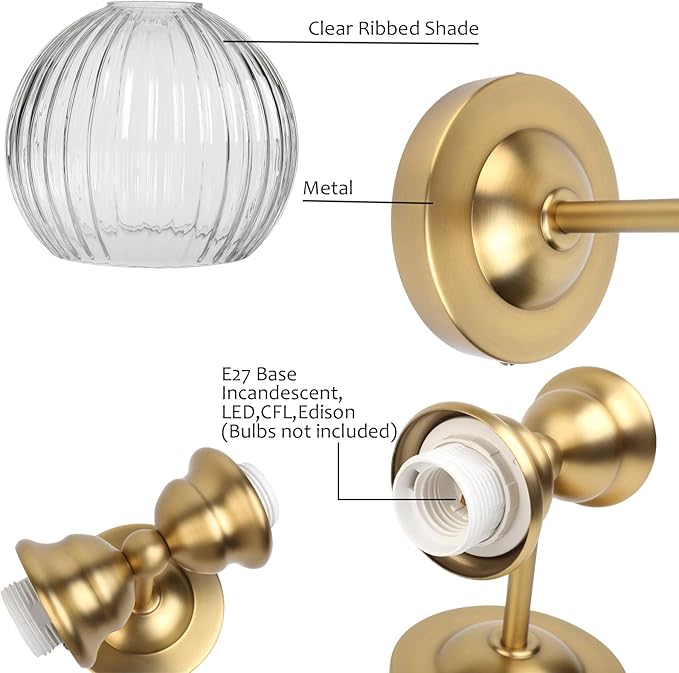 Pathson 2 Heads Wall Sconce Striped Glass Shade, 2-Light Modern Bathroom Sconces Wall Vanity Light Fixtures Brass Finish, Vintage Wall Sconce Lamp for Mirror Living Room Bedroom Farmhouse Lighting
