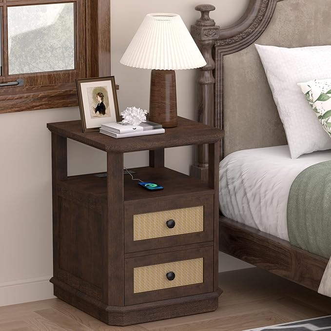 End Table Set of 2 with Charging Station, 24” Tall Sofa Side Table with Rattan Drawer, Anti-Collision Angle Wooden Night Stand for Living Room, Bedroom, Office,Cherry