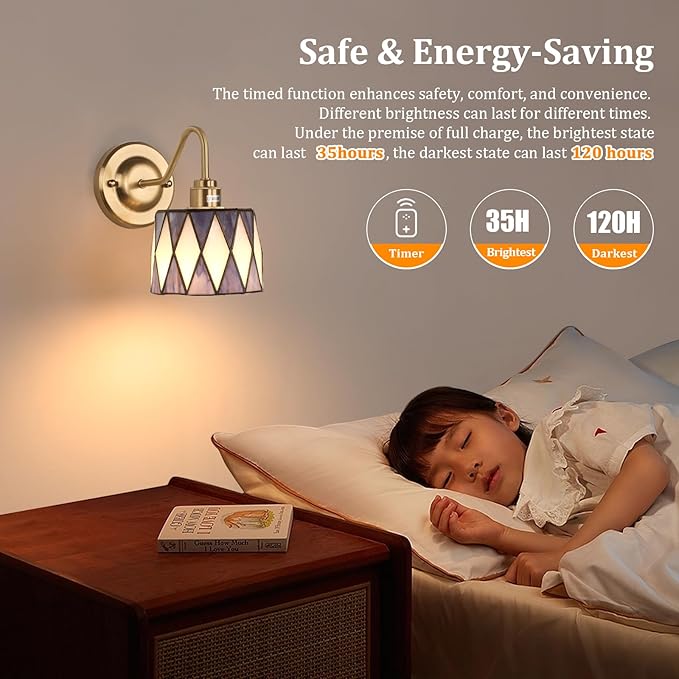Vintage Battery Operated Wall Sconce Set of 2, 5000mAh Rechargeable Wall Lamp 12 RGB Colors Dimmable, Gold Lights Fixture for Bedroom Bathroom Living Room Hallway Twilight Blue Checker