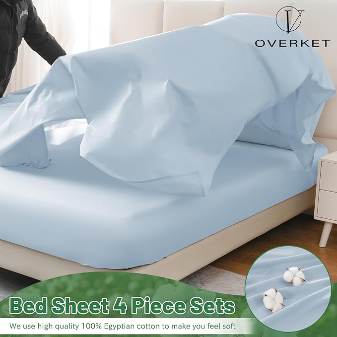 100% Egyptian Cotton Sheets Cal King Sheet Set 4PCS 1000 Thread Count Sateen Weave Soft Breathable 16-Inch Deep Pocket(California King,Light Blue)