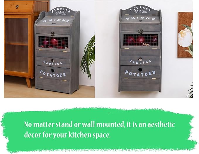 ARTAWEIN Potato Storage Bin Wall-mountable Potato Box with Lid Rustic and Garlic Drawer Onion Organizer with Grocery Section Decorative Vegetable Organization Cabinet for Kitchen