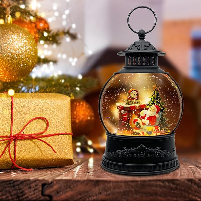 Christmas Snow Globe Lantern with Music & Timer - USB/Battery Operated LED Glittering Globe, Snow Globe Decor for Home Holiday (Santa Claus)