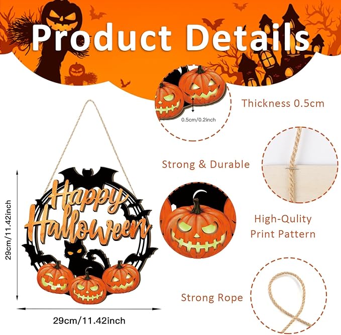 HPNIUB Halloween Door Decorations, Halloween Wreath Scary Pumpkin Black Cat Bat Front Door Hanger Wooden Hanging Sign Wall Decor for Room Party Indoor Home Decor