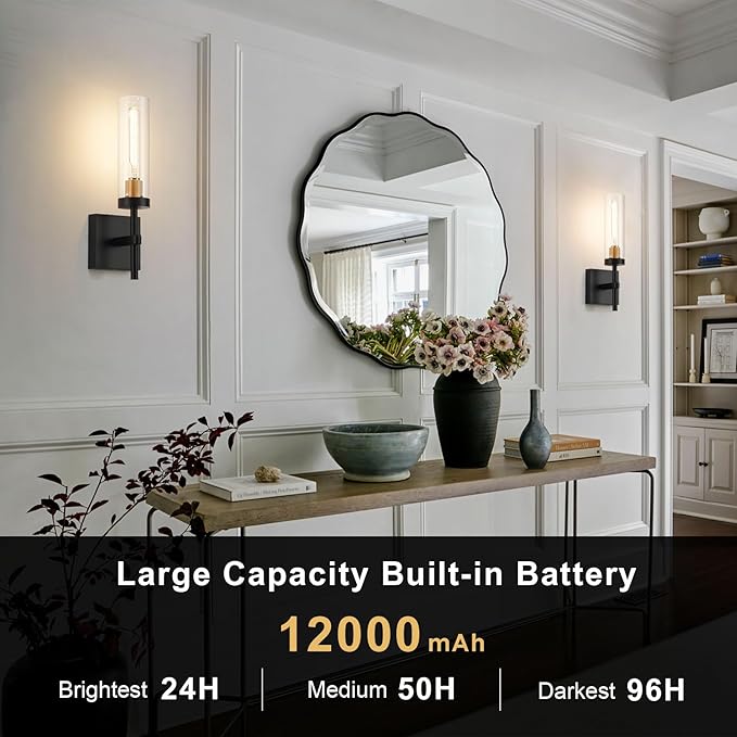 Wireless Wall Sconces with Remote Control, Battery Operated Wall Sconce Set of 2, Black & Gold Rechargeable Dimmable Wall Light for Bedroom Living Room Bathroom Hallway Entryway Stairwell, 3000K