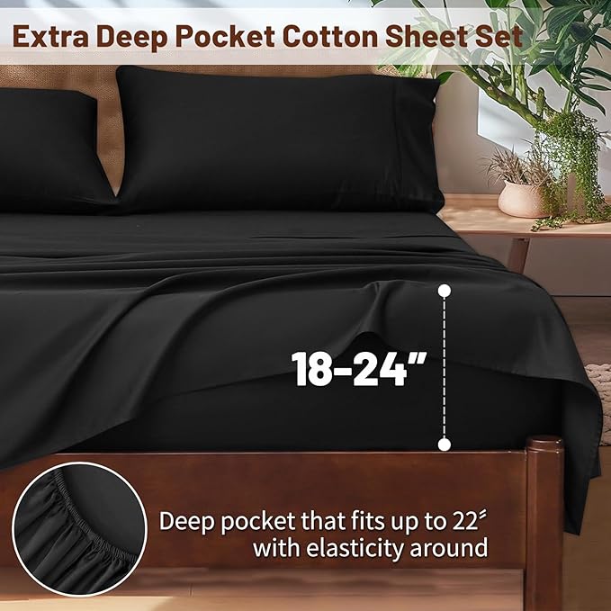 Extra Deep Pocket Queen Sheets 18-24 Inch 100% Egyptian Cotton 1000 Thread Count Sateen Weave Soft Breathable 4 Pieces(Queen,Black)