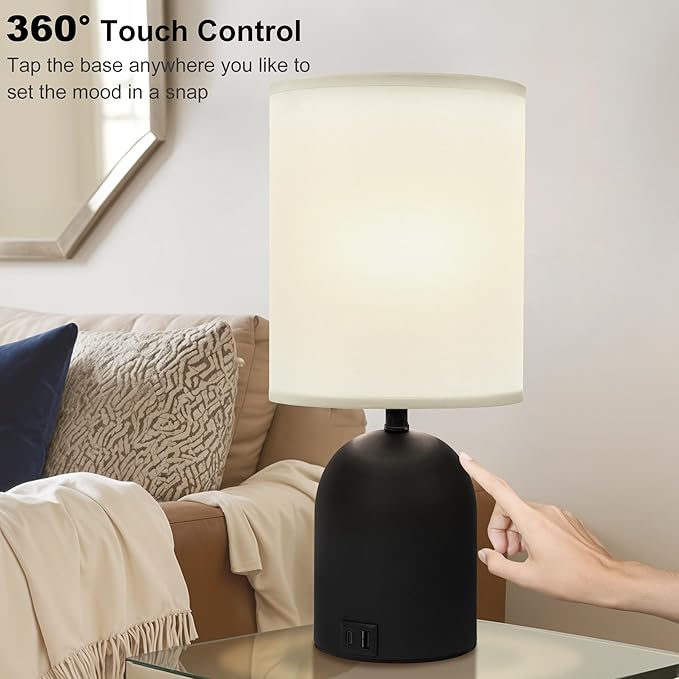 Bedside Black Table Lamps Set of 2 for Bedroom, 3 Way Dimmable Touch Nightstand Lamp with USB C and A Ports Small Table Desk Lamp for Bedroom, Reading Room, Office, Dorm Black/White