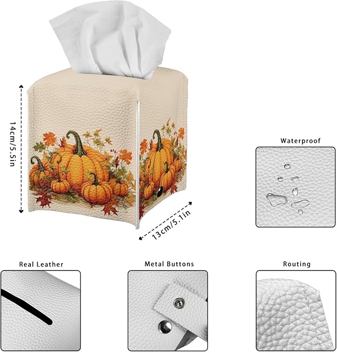 Pumpkin Maple Leaf Square Tissue Box Cover Thanksgiving Desk Decor for Home Office Car, Pu Leather Tissues Cube Boxes Holder Bedroom/Bathroom/Kitchen Facial Napkin Holder Storage