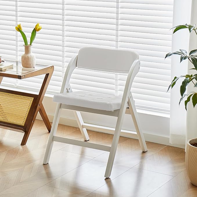 Wood Folding Chairs with Padded Seats, Wooden Folding Chairs Set of 2, Foldable Dining Chair with Cushion, Stackable Extra Chair for Indoor Outside Events, Party, Wedding (White Gray)