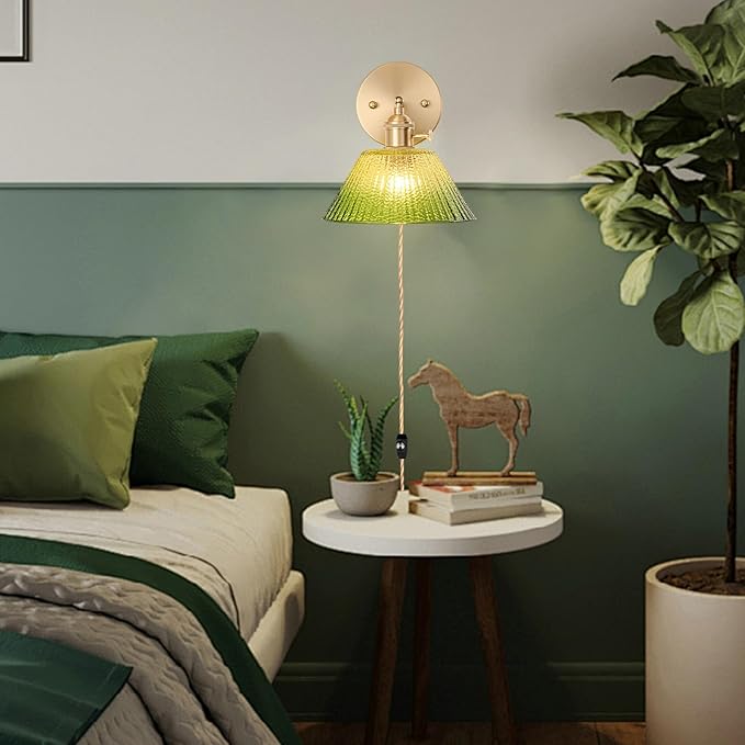 Plug in Wall Sconce, Vintage Sconce Light with Gradient Green Glass Lampshade, 180° Adjustable Wall Sconce with Switch and Plug in Wall Lamp Cord, Gold Wall Light for Bedroom Bedside