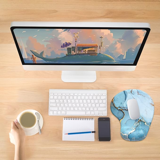 Hsurbtra Ergonomic Mouse Pad with Wrist Rest Support, Gel Mouse Pads with Non-Slip PU Base, Pain Relief Memory Foam Computer Mat, Cute Office Supplies Desk Decro Accessories, Blue Marble