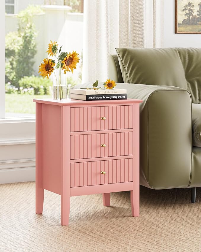Fluted Nightstand, Farmhouse Night Stand with 3 Drawers, Mid Century Modern Side Accent Table,Bedside End Table for Bedroom, Living Room, Pink