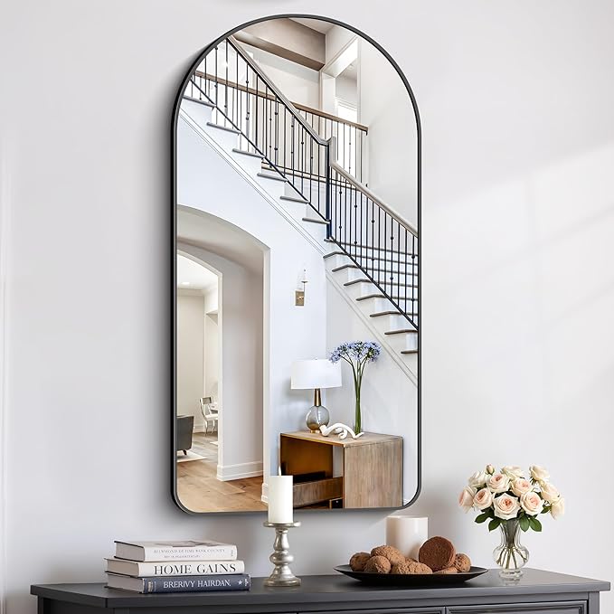 Arched Bathroom Mirror, 24"x48" Black Arched Mirror for Bathroom, Wall Mounted Mirror, Black Vanity Wall Mirror w/Metal Frame for Bedroom, Entryway, Living Room, Vertically Hanging