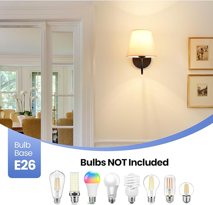 Wall Sconces Sets of 2, Bathroom Vanity Sconces Wall Lighting, Indoor Wall Lights with Light Beige Fabric Shades, Black Wall Mounted Lamps for Bedroom Living Room Hallway Kitchen, Hardwire