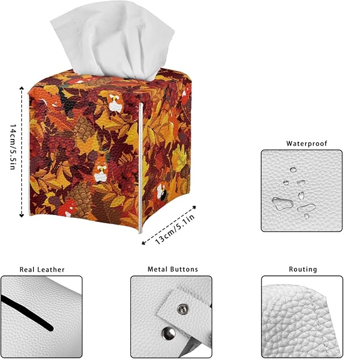 Maple Leaves Tissue Box Cover Square Pu Leather Tissue Box Holder for Napkin Facial Paper Organizer with Buttons Thanksgiving Squirrel Modern Home Decorative for Bedroom/Bathroom