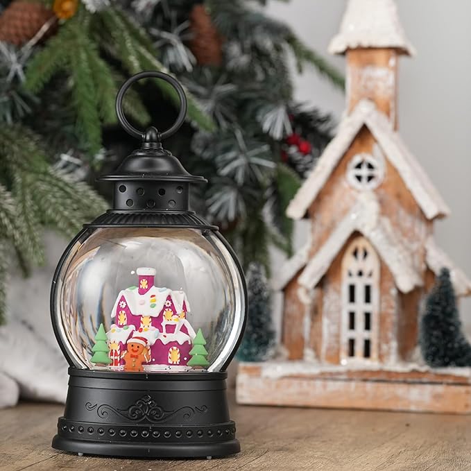 Christmas Snow Globes Lantern, Colorful Gingerbread House Christmas Decor Indoor, Glitter Musical Snowglobe with Timer, USB or Battery Operated Gingerbread Man Decorations Gifts