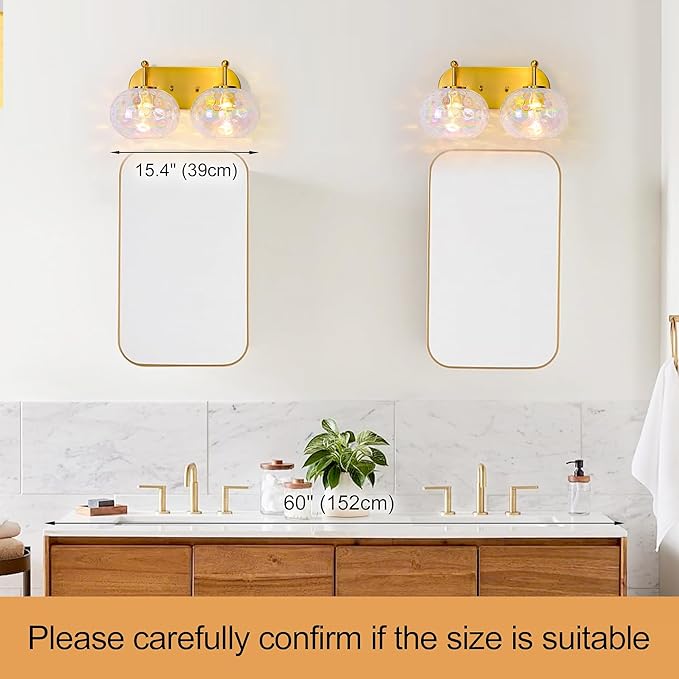 Brushed Gold Vanity Light Stained Hammered Glass Wall Sconce 2-Light Brass Wall Lamp for Hallway Living Room Stairwell Bathroom Over Mirror (Brass Gold, 2-Light)