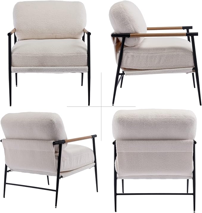 LukeAlon Mid-Century Sherpa Accent Chair, Ultra Soft Living Room Chair with Metal Legs Modern Armchair Lounge Chair Upholstered Comfy Leisure Chair for Bedroom Reception Area Reading Room, White