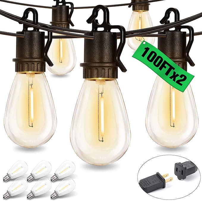 200FT Outdoor String Lights with 70 Shatterproof S14 Vintage Edison Bulbs E12 Sockets,2700K Dimmable Outdoor Lights,IP55 Waterproof LED String Lights for Outside, Patio, Garden, Backyard,Bistro