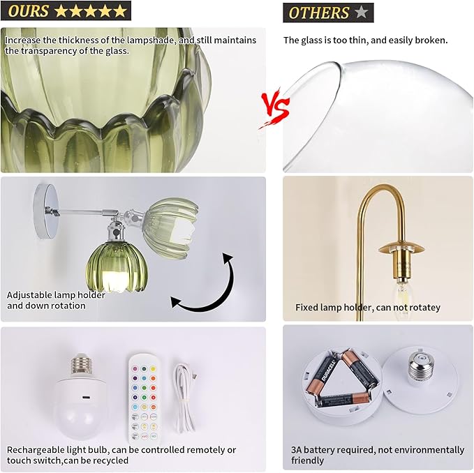 Battery Operated Wall Sconce with Cute Green Tulip Glass Lampshade Rechargeable Wireless Wall Light with Remote Control for Bedside Bedroom Doorway, Silver, Set of 2