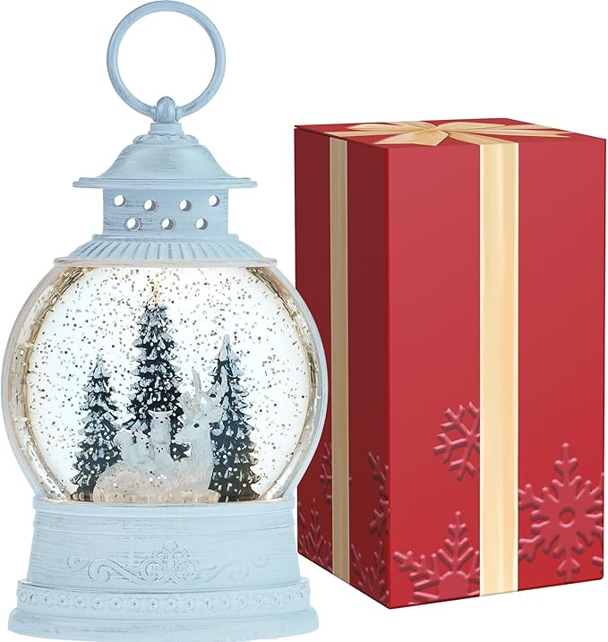 Christmas Deer Snow Globe, Musical Snow Globe Lantern with Swirling Glitter, Christmas Tree Reindeer Squirrels Owls USB & Battery Operated Light-Up Christmas Decorations Indoor for Home
