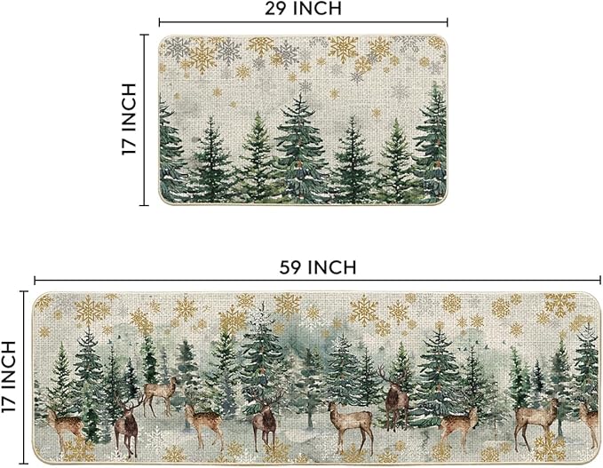 Artoid Mode Xmas Trees Deer Snowflakes Christmas Kitchen Mats Set of 2, Winter Home Decor Low-Profile Kitchen Rugs for Floor - 17x29 and 17x59 Inch