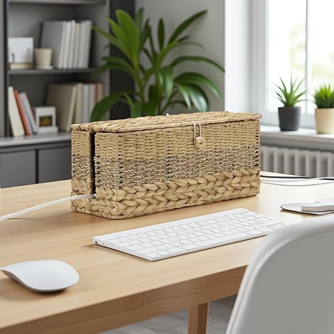 2PCS Cable Organizer Boxes Handmade Wicker Rattan Cord Management Box Adapter Power Strips Outlet Router Hider Cover Under Desk Electrical Wire Storage Organizer with Lid (1 Large 1 Medium)
